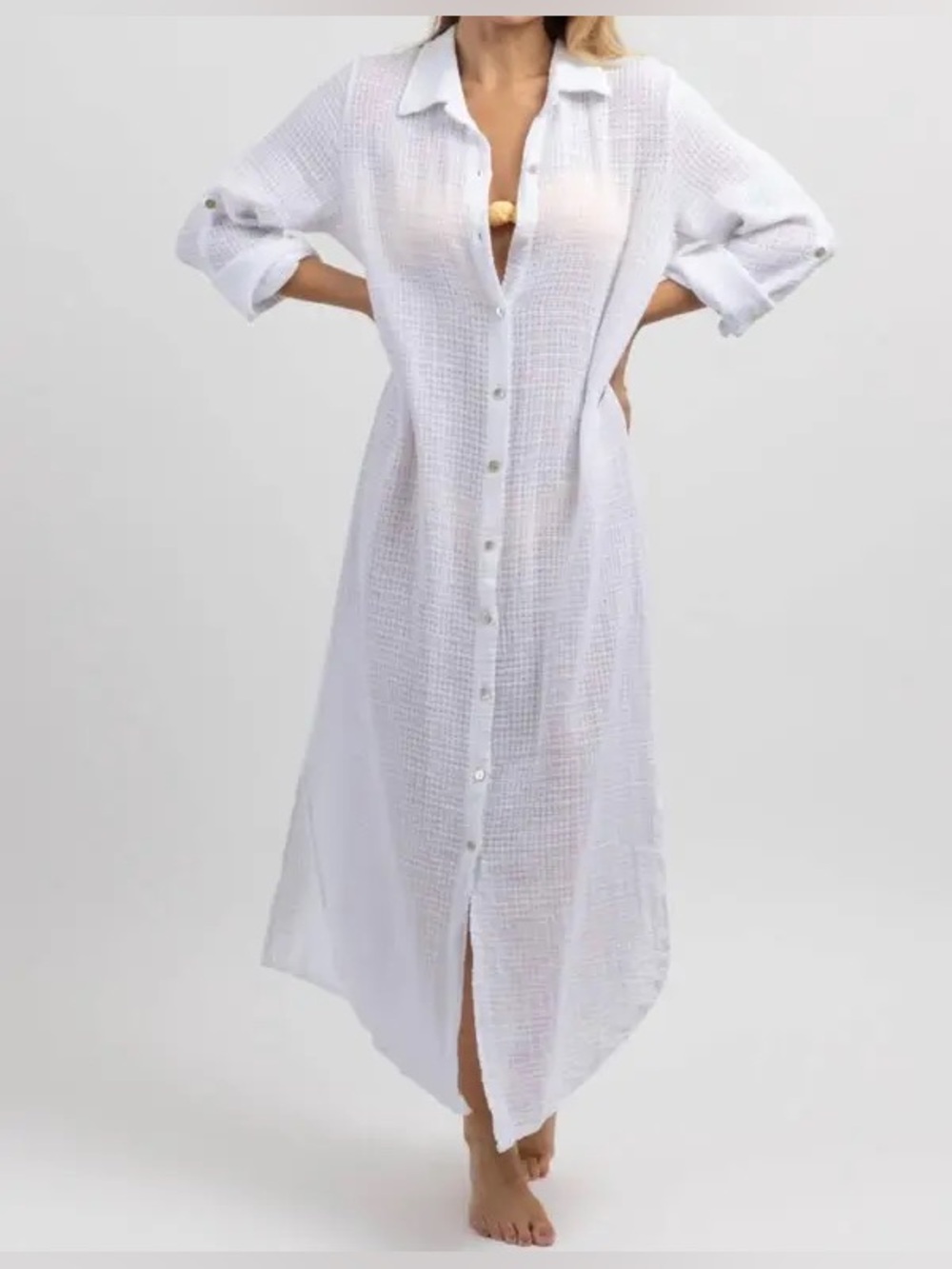 VENTI6 Gauze Maxi Shirt Dress Swim Coverup Bright White Boho Chic Clean Girl